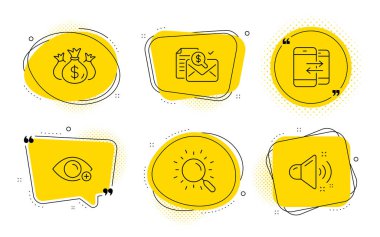 Yatırımı, telefon iletişimini ve ses işaretlerini kontrol et. Sohbet baloncukları. Uzaklık, muhasebe raporu ve arama hattı simgeleri ayarlandı. Göz görüşü, finansmanı kontrol et, belge bul. İş raporu. Vektör