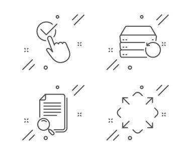 Arama dosyası, Kurtarma sunucusu ve İşaretleme kutusu satır simgeleri ayarlandı. İşareti büyüt. Belge bul, Yedekleme verisi, onaylandı. Tam ekran. Teknoloji hazır. Satır arama dosyası ana hatları simgesi. Vektör