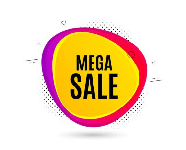 Mega Satış. Sancak metin şekli. Özel fiyat tabelası. Reklam indirimi sembolü. Geometrik vektör pankartı. Mega satış metni. Gradyan şekil rozeti. Yarı ton deseni. Vektör