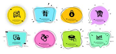 Yorum, Finansal diyagram ve satır simgeleri ayarlandı. Tırnak içinde sohbet baloncukları. Arama haritası, yaratıcılık ve satın alma işaretleri. Kapsül hapı, sembolleri aşağı kaydır. Vektör