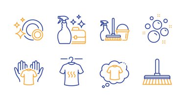 T-shirt, Household service and Hold t-shirt line icons set. Cleanser spray, Clean bubbles and Clean dishes signs. Cleaning mop symbol. Laundry shirt, Cleaning equipment. Cleaning set. Vector