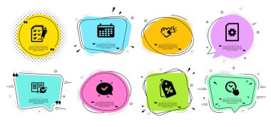 Aşk mesajı, onaylanmış ve onaylanmış belge satırı simgeleri ayarlandı. Tırnak içinde sohbet baloncukları. Takvim, Gözlem Listesi ve Zaman Yönetim İşaretleri. Dosya yönetimi, İndirim etiketleri sembolleri. Vektör