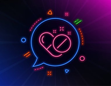 Tıbbi hap çizgisi ikonu. Neon lazer ışıkları. İlaç ilaç işareti. Tablet sembolü. Parlak lazer konuşma balonu. Neon ışıkları sohbet baloncuğu. Tıbbi hap ikonlu pankart. Vektör