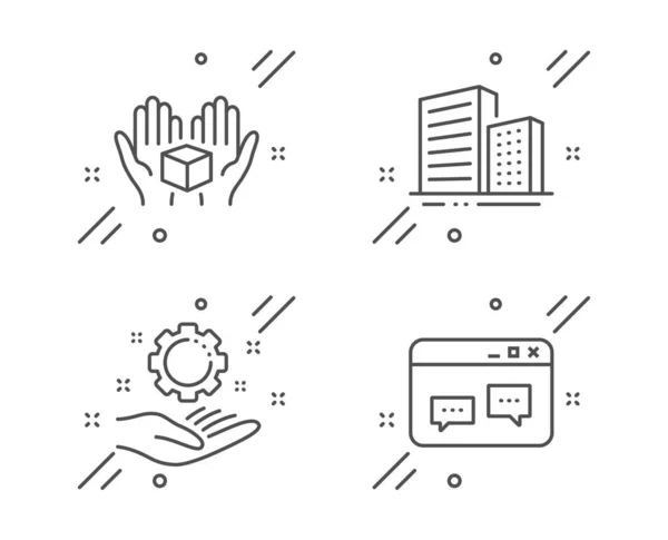 Employee Hand Hold Box Buildings Line Icons Set Browser Window — Stock Vector