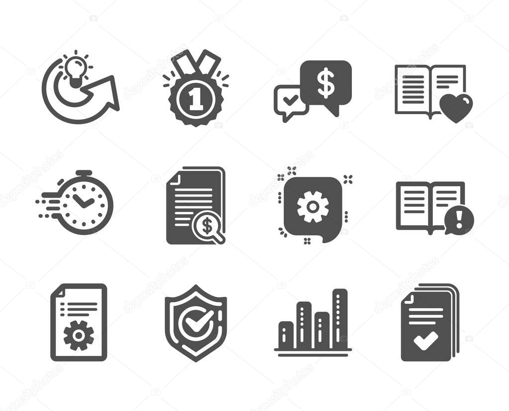 Set of Education icons, such as Payment received, Cogwheel, Timer, Handout, Financial documents, Facts, Confirmed, Graph chart, Technical documentation, Approved, Share idea, Love book. Vector
