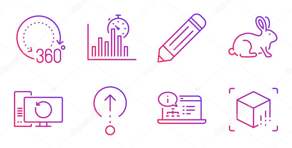 Pencil, Animal tested and Recovery computer line icons set. Swipe up, Report timer and Online documentation signs. 360 degrees, Augmented reality symbols. Edit data, Bio product. Science set. Vector