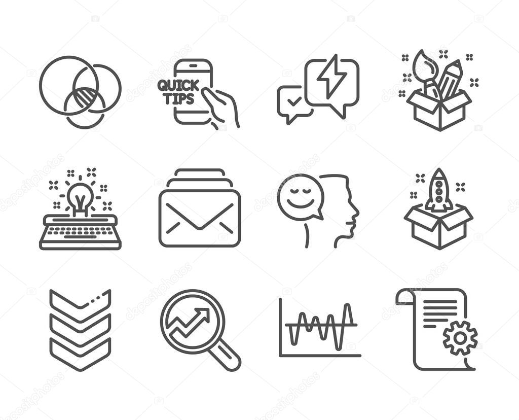 Set of Education icons, such as Euler diagram, Typewriter, Analytics, Technical documentation, Lightning bolt, Education, Shoulder strap, Stock analysis, Mail, Creativity, Good mood. Vector