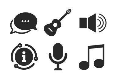 Mikrofon ve hoparlör sembolleri. Sohbet, bilgi işareti. Müzik öğeleri simgeleri. Müzik notası ve akustik gitar işaretleri. Klasik konuşma balonu ikonu. Vektör