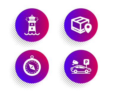 Paket takibi, Deniz feneri ve Seyahat pusula simgeleri basit set. Yarım ton noktalar düğmesi. Park yeri güvenlik işareti. Paket lokasyon şifresi, arama feneri kulesi, yolculuk güzergahı. Video kamera. Vektör