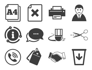Yazıcı, el sıkışma ve telefon işaretleri. İndirim etiketi, sohbet, bilgi simgesi. Ofis, belgeler ve iş ikonları. Patron, geri dönüşüm kutusu ve silgi sembolleri. Klasik stil işaretleri. Vektör