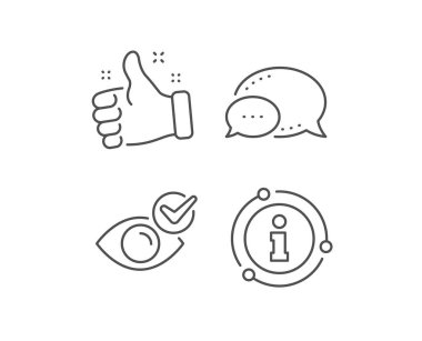 Göz çizgisi simgesini kontrol et. Sohbet balonu, bilgi işareti elementleri. Gözcü kliniği tabelası. Optometri görme sembolü. Doğrusal göz çizelgesi simgesini kontrol et. Bilgi balonu. Vektör