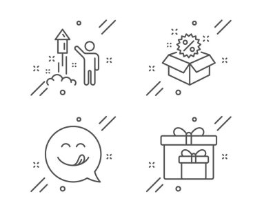 Havai fişekler, nefis bir gülümseme ve satış çizgisi ikonları. Teslimat kutusu imzası. Parti havai fişeği, Emoticon, İndirim. Doğum günü hediyeleri. Tatil ayarlandı. Havai fişek taslak ikonu. Vektör