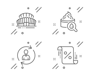 Kişi bilgisi, Nemlendirici krem ve Spor Stadyumu ikonu seti. Borç yüzde işareti. Kullanıcı verilerini yenile, yüz losyonu, şampiyonluk arenası. İndirimli plan. İş seti. Vektör