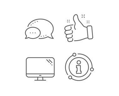 Bilgisayar çizgisi simgesi. Sohbet balonu, bilgi işareti elementleri. Bilgisayar bileşeni işareti. Monitör sembolü. Doğrusal bilgisayar ana hatları simgesi. Bilgi balonu. Vektör