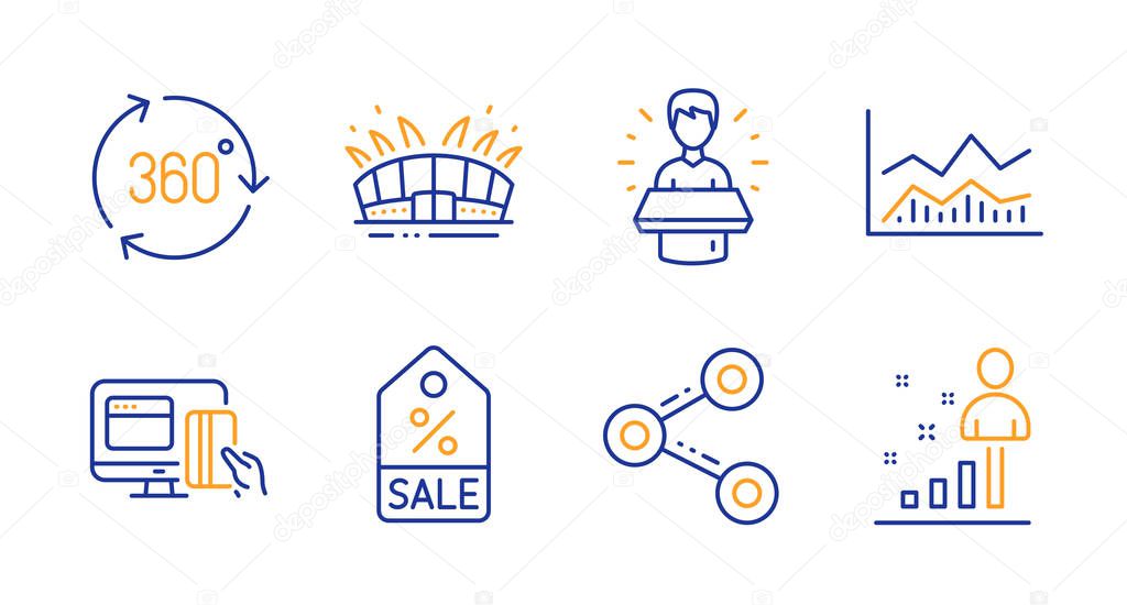 Share, 360 degree and Arena stadium line icons set. Sale coupon, Online payment and Brand ambassador signs. Trade infochart, Stats symbols. Follow network, Virtual reality. Business set. Vector