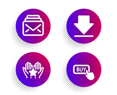 Sıralama, İndirme ve E- posta simgeleri basit bir set. Yarım ton noktalar düğmesi. Satın alma düğmesi. Bekleyin, bilgi yükleyin, yeni mesajlar. İnternetten alışveriş. Teknoloji hazır. Klasik düz sıra ikonu. Vektör