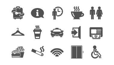Kamu hizmetleri ikonları. Asansör, taksi ve Wifi internet. Fast food klasik ikon seti. Kaliteli set. Vektör