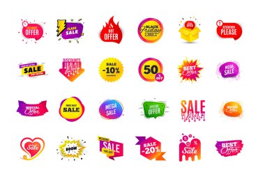 Satış afiş rozeti. Özel teklif indirim etiketleri. Kupon şekli şablonları tasarım. Siber pazartesi satış indirimleri. Black Friday alışveriş simgeleri. En iyi teklif rozeti. Süper indirim simgeleri. Vektör afişleri