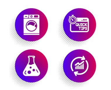 Kimya laboratuvarı, hızlı ipuçları ve çamaşır makinesi simgeleri. Yarım ton noktalar düğmesi. Veri işaretini güncelle. Laboratuvar, yararlı numaralar, çamaşır servisi. Satış istatistikleri. Teknoloji hazır. Vektör
