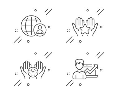 Sıralama, Uluslararası işe alım ve güvenli zaman çizelgesi simgeleri ayarlandı. Başarı işareti. Hold Star, World Business, Management. Büyüme çizelgesi. İnsanlar hazır. Çizgi ana hatları simgesi. Vektör