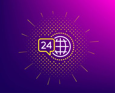 24 saat servis satırı simgesi. Yarı ton deseni. Destek işaretini arayın. Geri bildirim sohbet sembolü. Degrade arka plan. 24h servis satırı simgesi. Sarı yarı ton deseni. Vektör