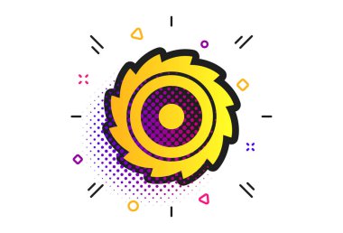 Testere dairesel tekerlek işareti simgesi. Yarı ton nokta desenleri. Kesme bıçağı sembolü. Klasik düz testere simgesi. Vektör