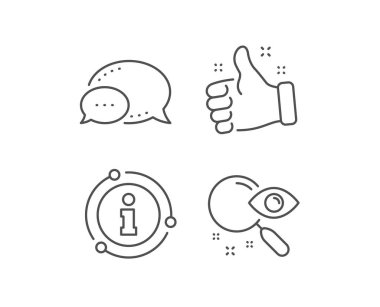 Arama hattı simgesi. Sohbet balonu, bilgi işareti elementleri. Belge işaretini bul. Camı büyüt. Doğrusal arama ana hatları simgesi. Bilgi balonu. Vektör