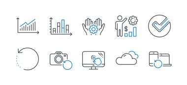 Set of Science icons, such as Graph, Diagram graph, Employee hand, Employees wealth, Cloudy weather, Touch screen, Recovery photo, Recovery data, Verify line icons. Line graph icon. Vector clipart