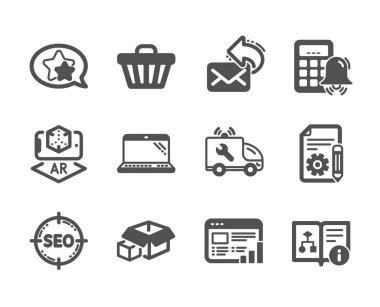 Belgelendirme, hesap makinesi alarmı, paketleme kutuları, teknik algoritma, artırılmış gerçeklik, paylaşım postaları, Seo, Araba servisi, dizüstü bilgisayar, web raporu, Yıldız, alışveriş arabası gibi bir dizi teknoloji simgesi. Vektör