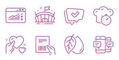 Paket faturası, kalbi tut ve yemek pişirme zaman çizelgesi simgeleri ayarlandı. Arena, maden yağı ve onaylanmış işaretler. Web trafiği, Smartphone SMS sembolleri. Teslimat belgesi, Care Love. İş seti. Vektör