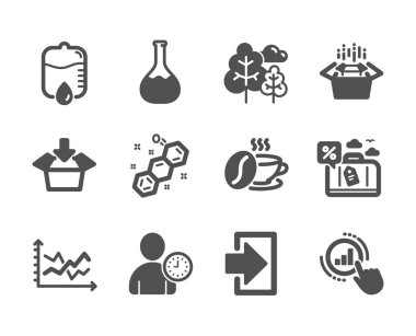 Paket kutuları, grafik çizelgesi, Get box, seyahat kredisi, zaman yönetimi, kimyasal formül, damla sayacı, Login, diyagram çizelgesi, ağaç, kimya laboratuvarı, kahve kupası gibi iş simgeleri. Vektör