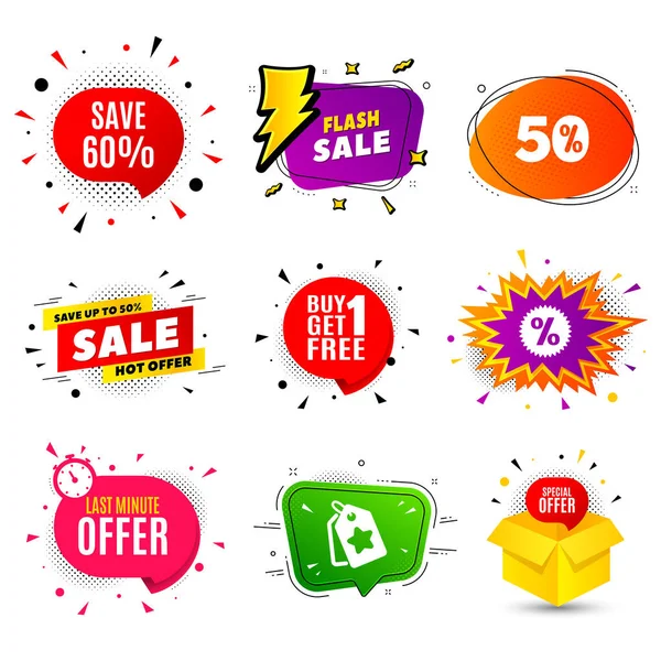 Risparmia Sconto Banner Badge Bolla Vendita Flash Vendita Sconto Offerta — Vettoriale Stock