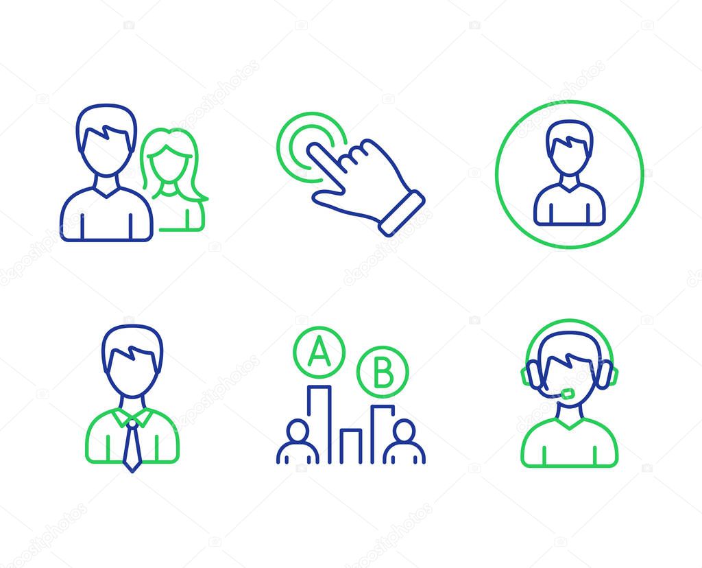 Touchscreen gesture, Person and Ab testing line icons set. Businessman, Teamwork and Consultant signs. Click hand, Edit profile, Test chart. User data. People set. Vector
