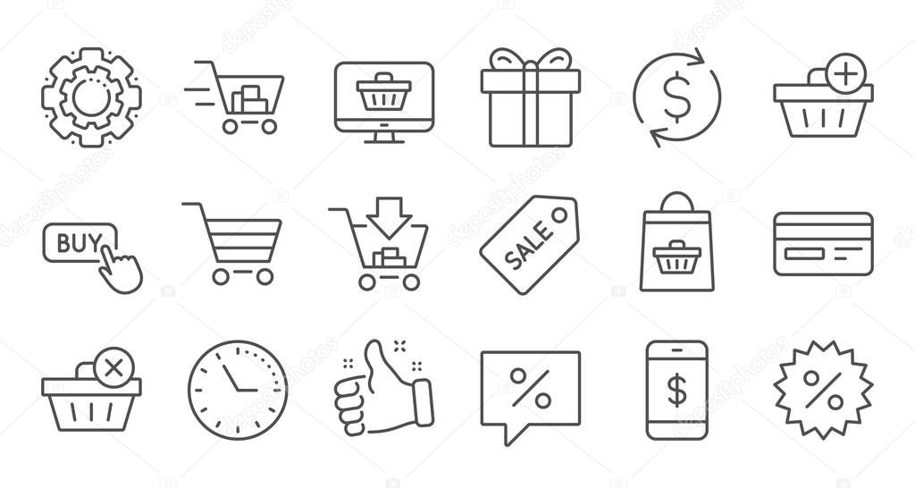 Shopping bag line icons. Gift, Present and Sale discount. Delivery linear icon set. Quality line set. Vector