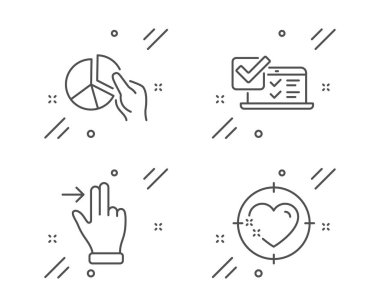 Çevrimiçi inceleme, dokunmatik ekran jesti ve çizelge simgeleri ayarlandı. Kalp hedef işareti. Sınav testi, sağa kay, sunum grafiği. Aşk hedefi. İş seti. Satır çevrimiçi araştırma ana hatları simgesi. Vektör