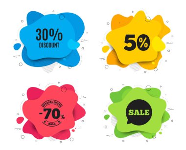 % 30 indirim. Sıvı şekil, çeşitli renkler. Satılık fiyat tabelası. Özel teklif sembolü. Geometrik vektör pankartı. İndirimli metin. Gradyan şekil rozeti. Vektör