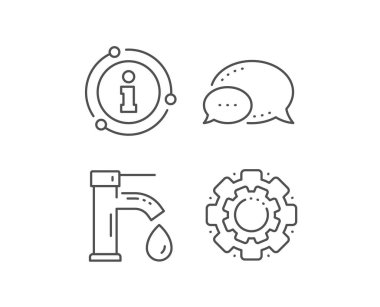 Musluk suyu ikonu. Sohbet balonu, bilgi işareti elementleri. Su damlası işareti olan musluk. Hijyenik mühendislik sembolü. Doğrusal musluk suyu taslak simgesi. Bilgi balonu. Vektör
