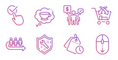 Spanner, Checkbox ve Cross çizgi simgeleri satılıyor. Takım çalışması, kuyruk ve kahve fincanı tabelaları. Zaman yönetimi, sembolleri aşağı kaydır. Onaylandı. Onaylandı. İş seti. Gradyan anahtar simgesi. Vektör