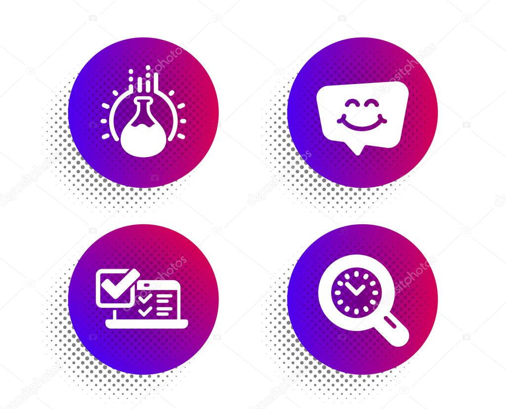 Smile chat, Online survey and Chemistry experiment icons simple set. Halftone dots button. Time management sign. Happy face, Quiz test, Laboratory flask. Time analysis. Business set. Vector