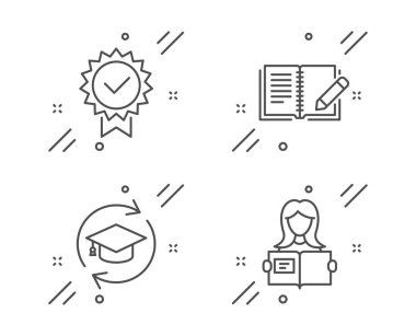 Certificate, Feedback and Continuing education icons set. Woman 