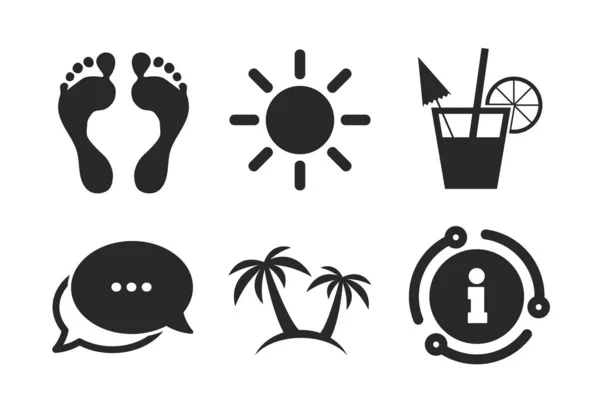 Beach holidays icons. Cocktail, human footprints. Vector — Stock Vector