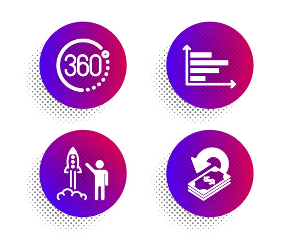 Launch project, 360 degrees and Horizontal chart icons set. Cash — Stock Vector