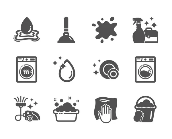 Zestaw ikon czyszczących, takich jak woda splash, gąbka, brudne miejsce. — Wektor stockowy