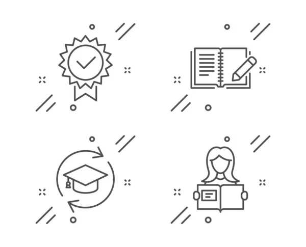 Certificate, Feedback and Continuing education icons set. Woman — Stock Vector