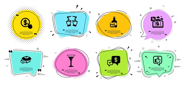 Conjunto de vasos Martini, cajas de embalaje e iconos de cristal de whisky. Pagos. — Vector de stock