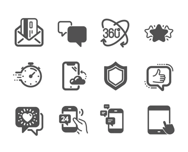 Reihe von Technologie-Symbolen, wie Freunde chatten, mögen, Tablet-PC. — Stockvektor