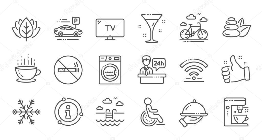 Hotel service line icons. Wi-Fi, Air conditioning and Coffee mak