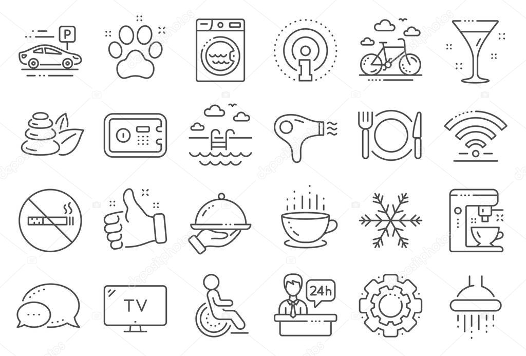 Hotel service line icons. Wi-Fi, Air conditioning and Coffee mak