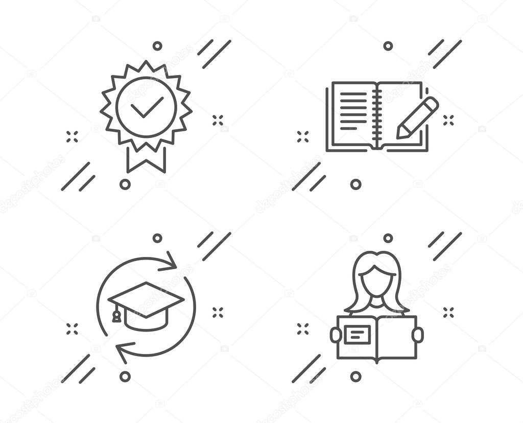 Certificate, Feedback and Continuing education icons set. Woman 