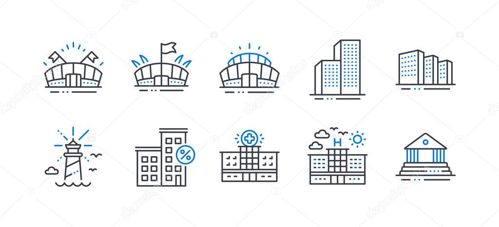 Set of Buildings icons, such as Loan house, Arena stadium, Arena